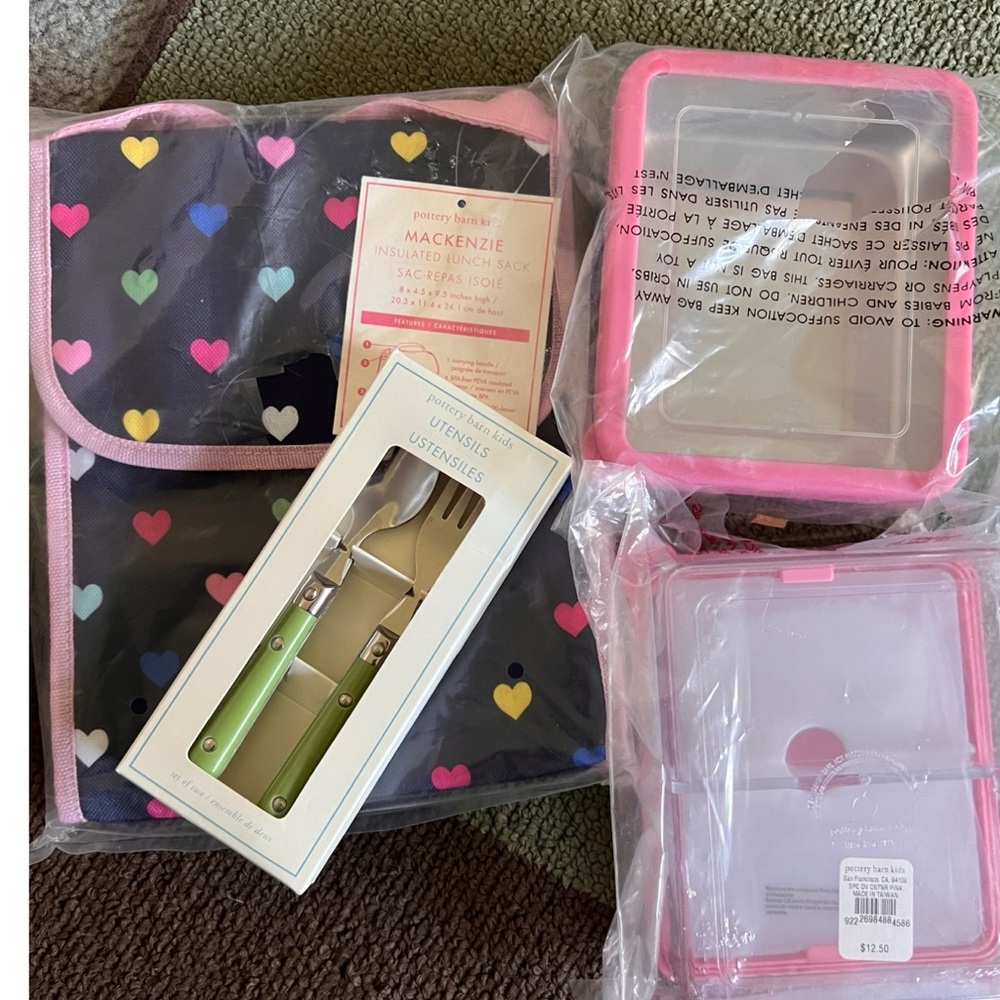 NWT Pottery Barn Kids Lunch - Sack, Container and Green Utensils